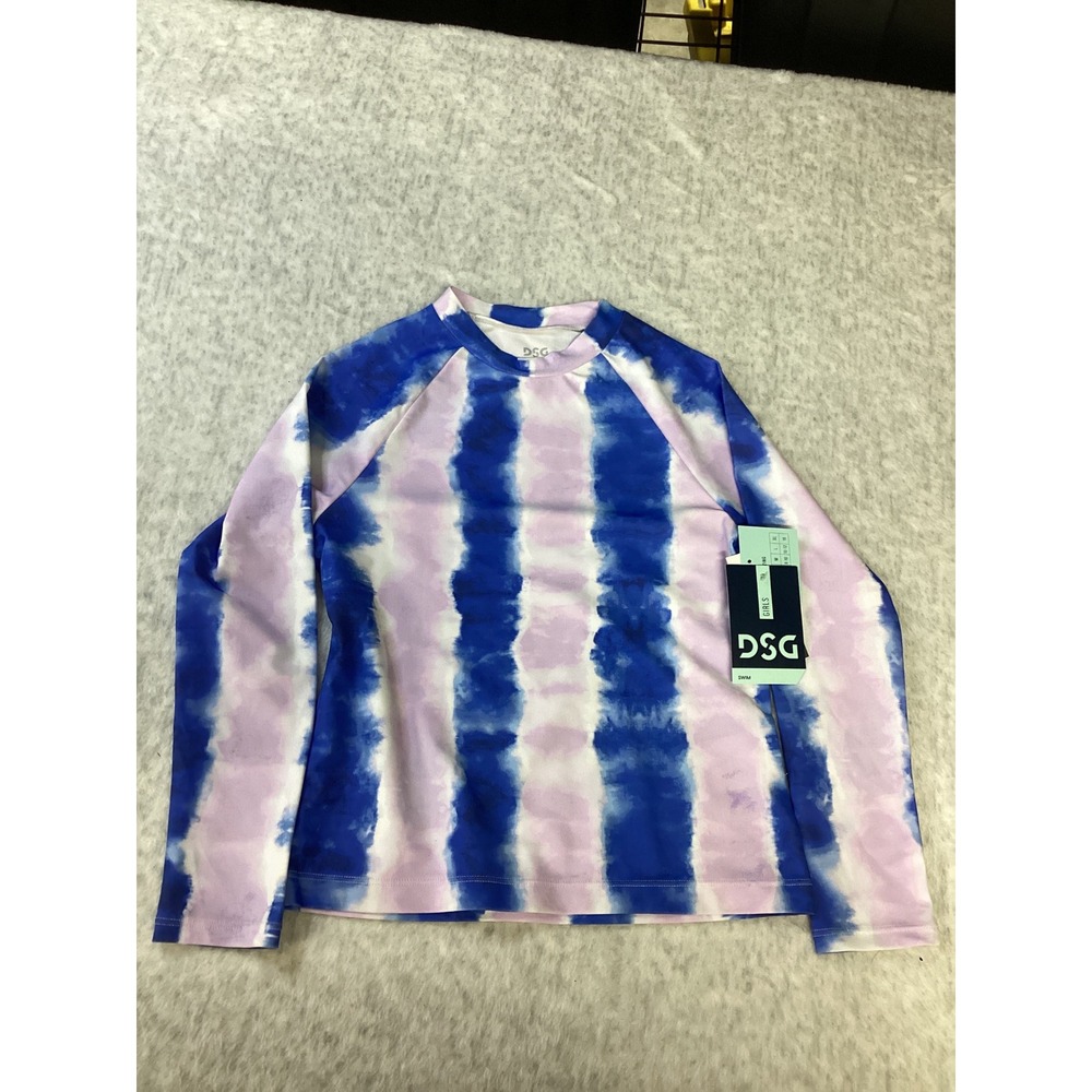 DSG Girls Long Sleeve Rash Guard Lilac Blue Dye Stripe Size M 8-10 NWT‎ UPF 50+